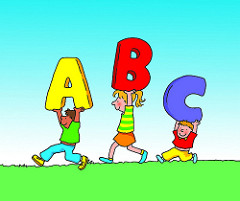 cartoon of three children holding the letters A, B and C
