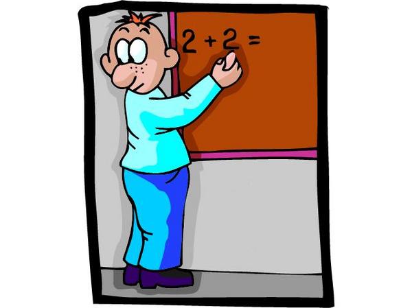 cartoon of boy at blackboard writing numbers
